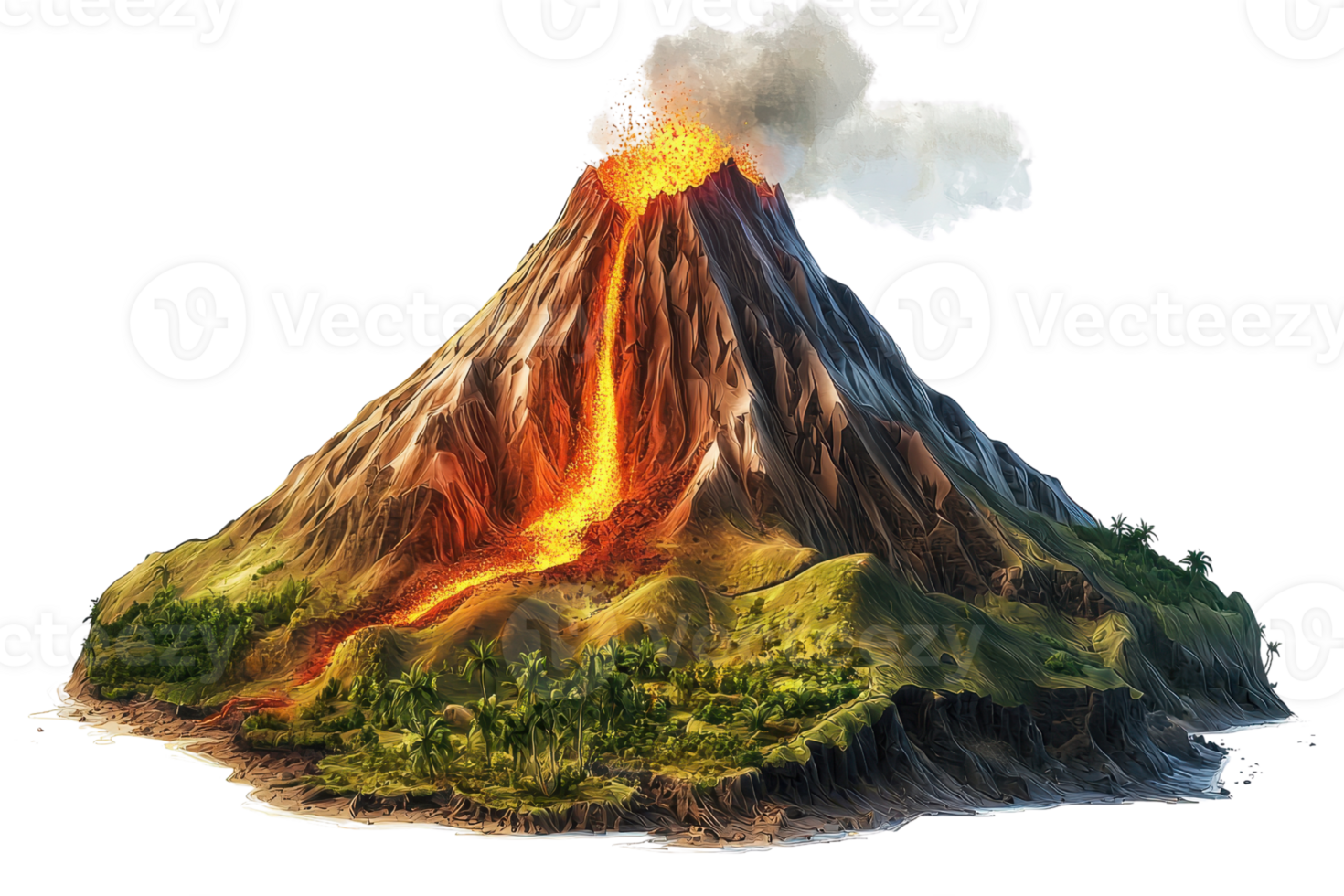 Illustration of an erupting volcano with lava flow, smoke cloud, and green landscape, depicting a natural disaster and geological phenomenon. png