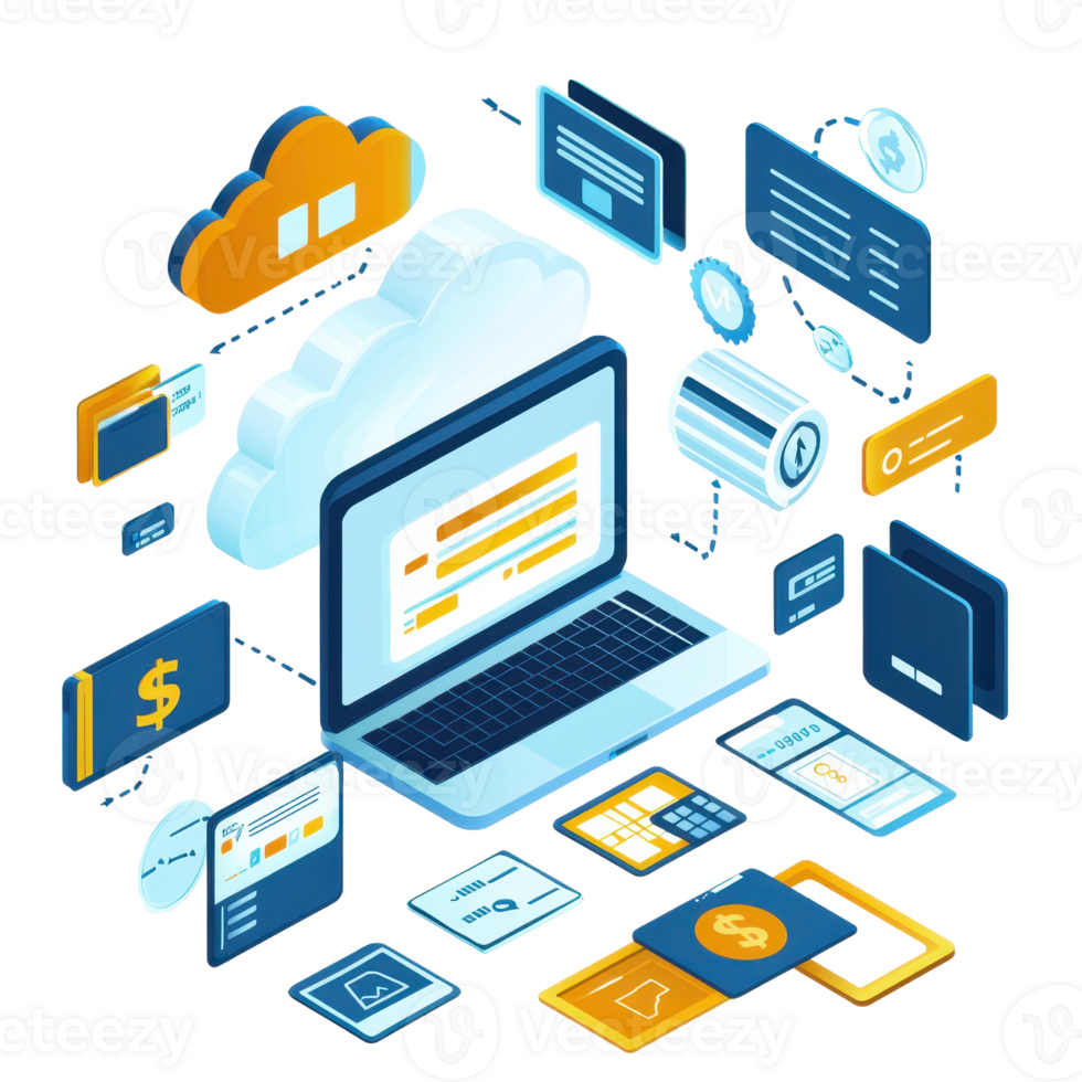 Illustration of cloud data storage and digital technology concept with connected devices and online applications. png