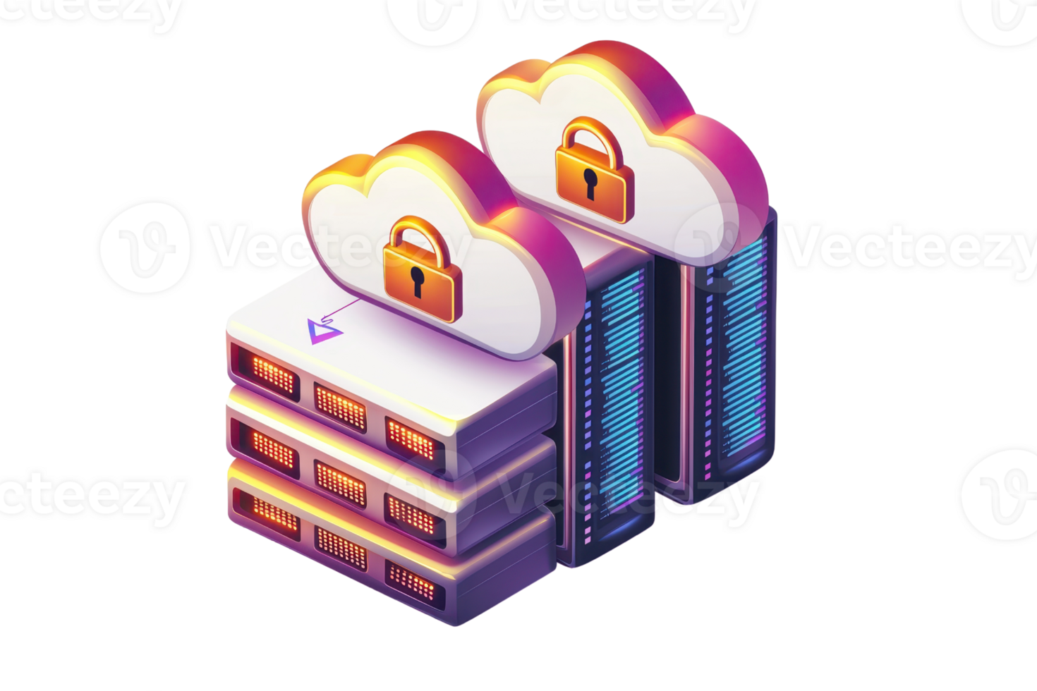 Illustration of cloud computing security with locked server racks, symbolizing data protection and cyber security in digital storage. png