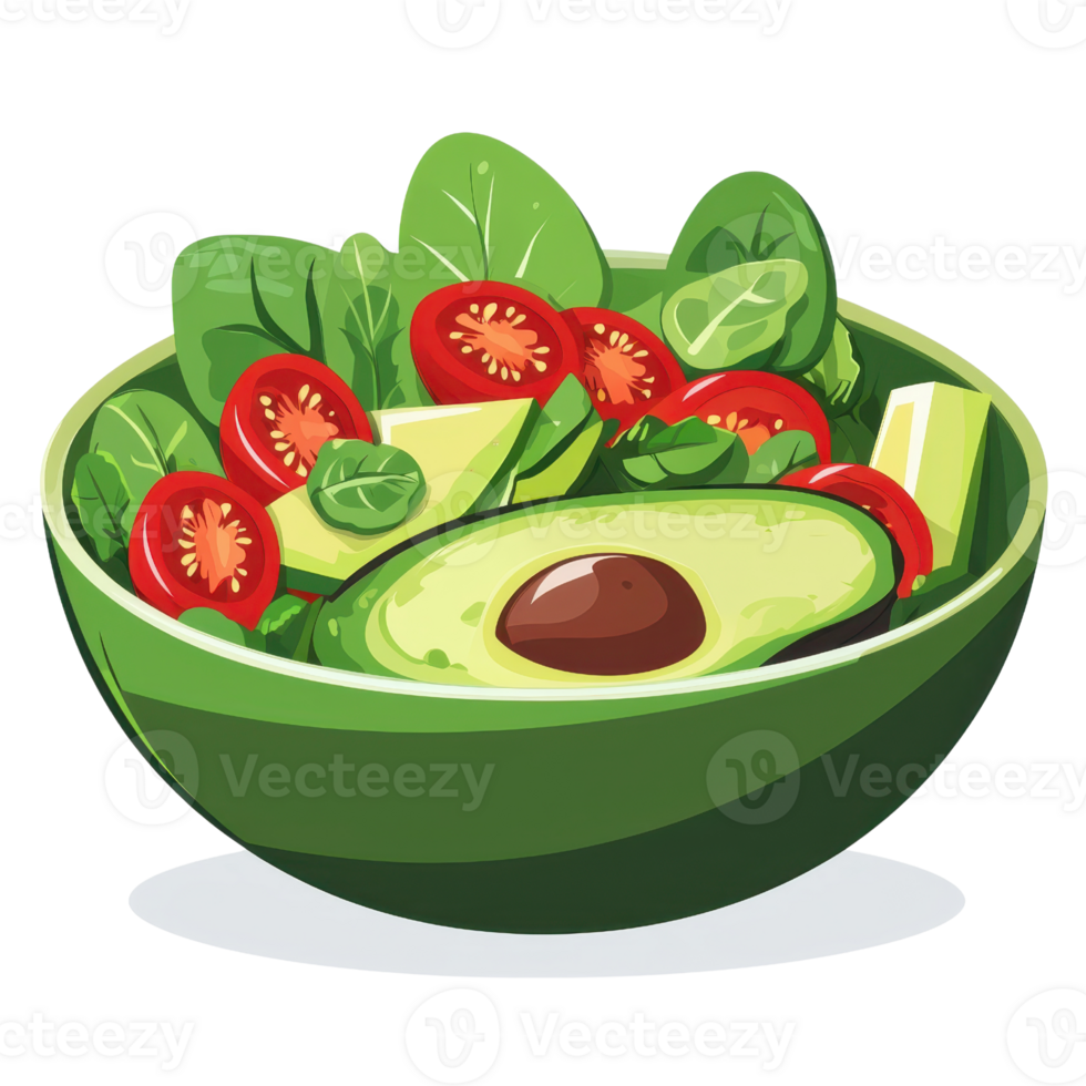 Fresh salad bowl with avocado, cherry tomatoes, and greens, perfect for a healthy meal or vegan lifestyle inspiration. png
