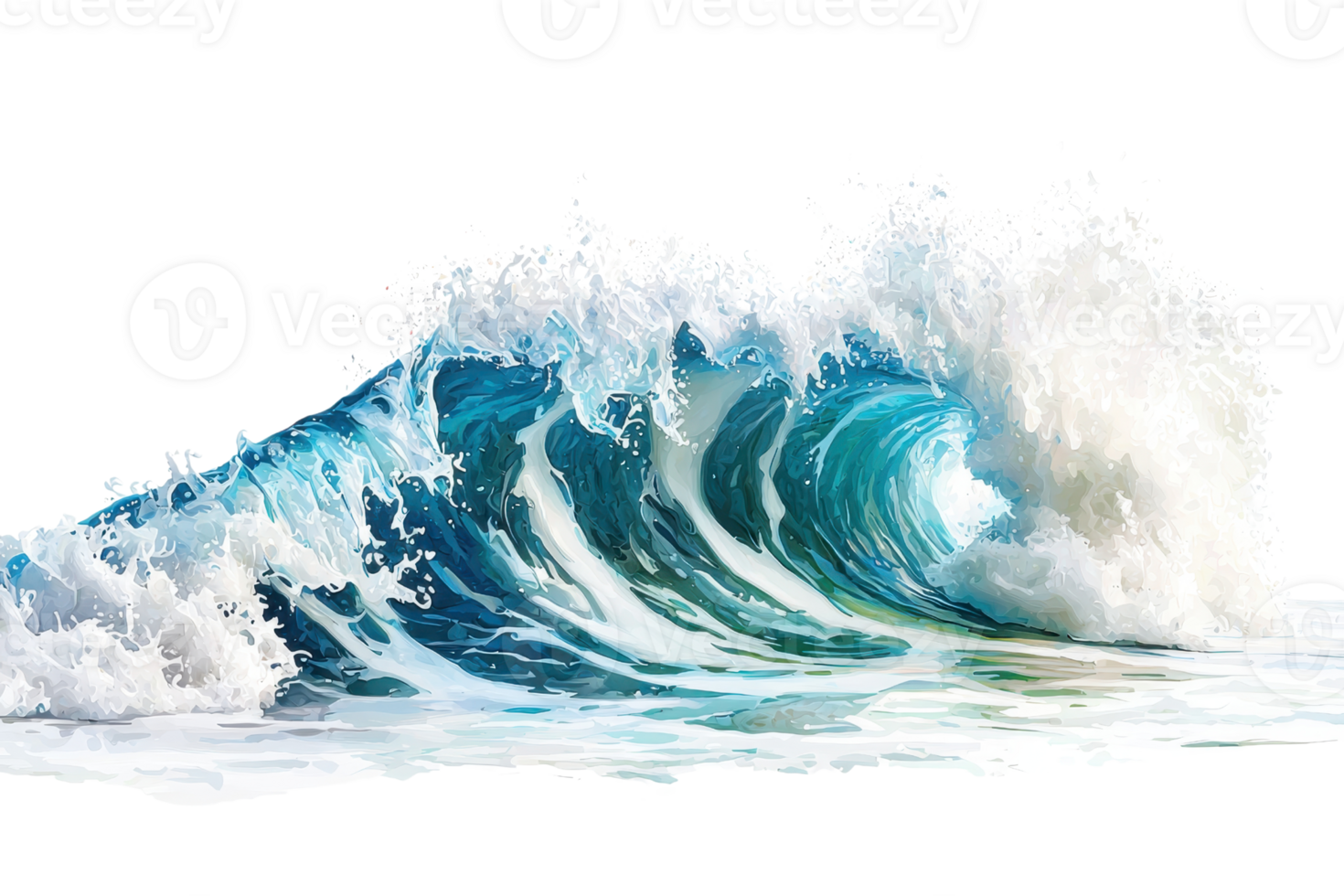 Dynamic ocean wave crashing, showcasing the power and beauty of nature with foamy water and blue hues under clear skies. png