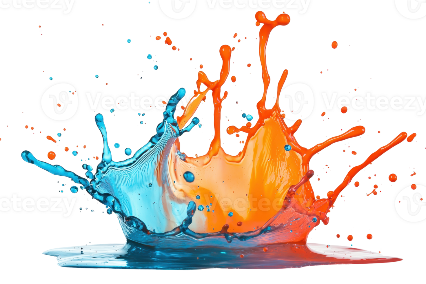 Dynamic splash of orange and blue paint in mid-air, capturing the vibrant collision of colors and the fluid motion. png