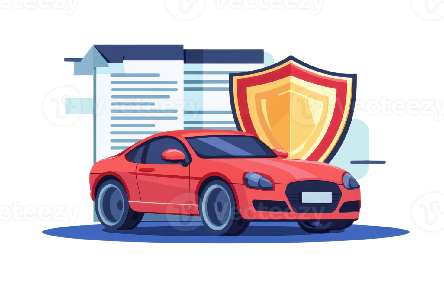 Illustration of a red car with a protection shield and documents, symbolizing automobile insurance or safety measures. png