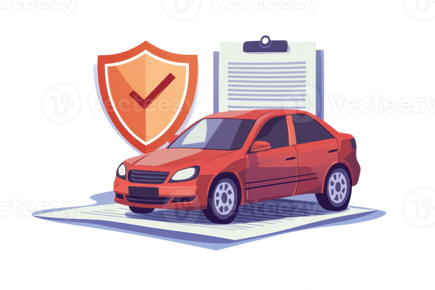 Illustration of a red car with a clipboard and protective shield, symbolizing vehicle insurance and protection. Ideal for coverage concepts. png