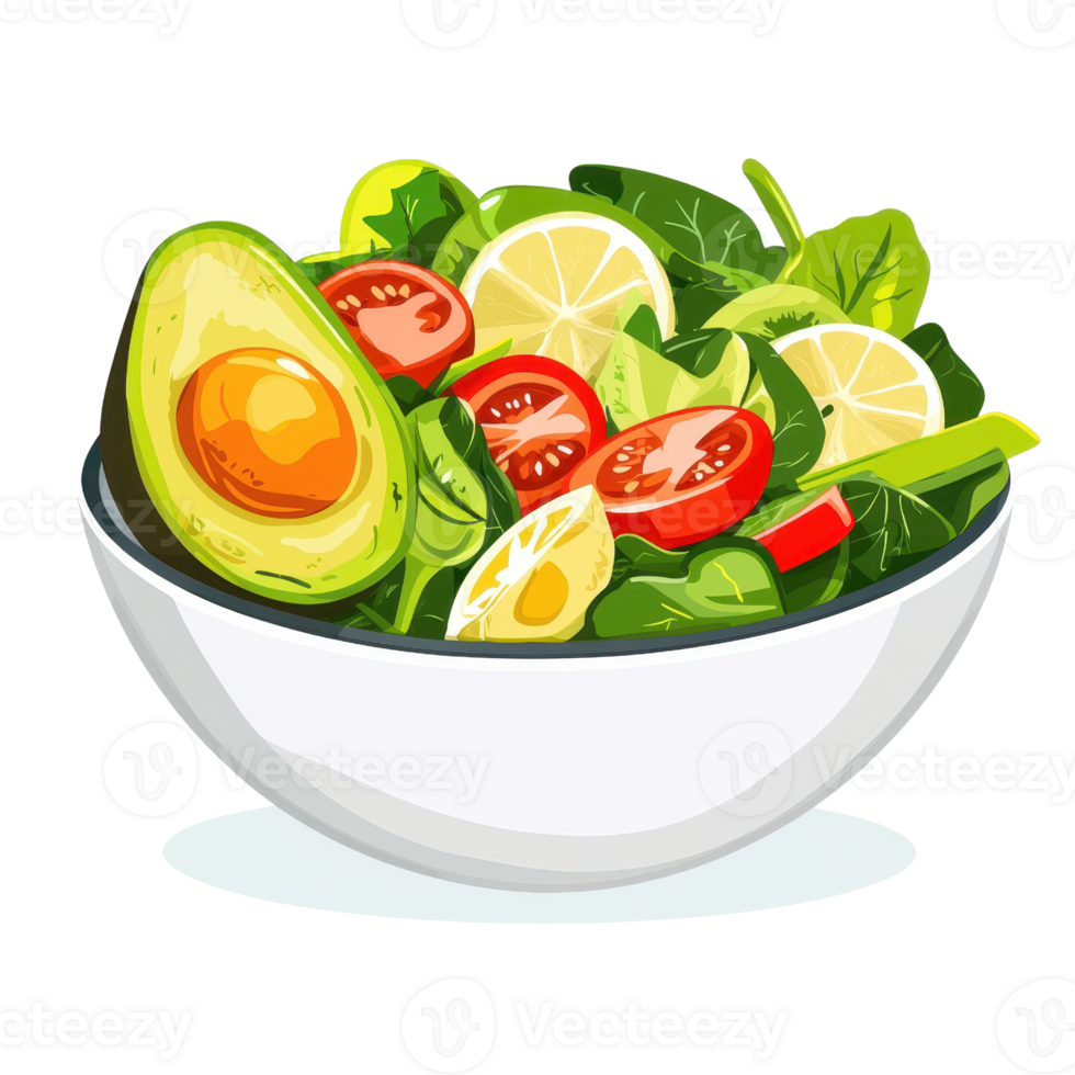 Fresh salad bowl with avocado, tomato, lemon, spinach, and egg slices, offering a colorful and healthy meal option in a white bowl. png