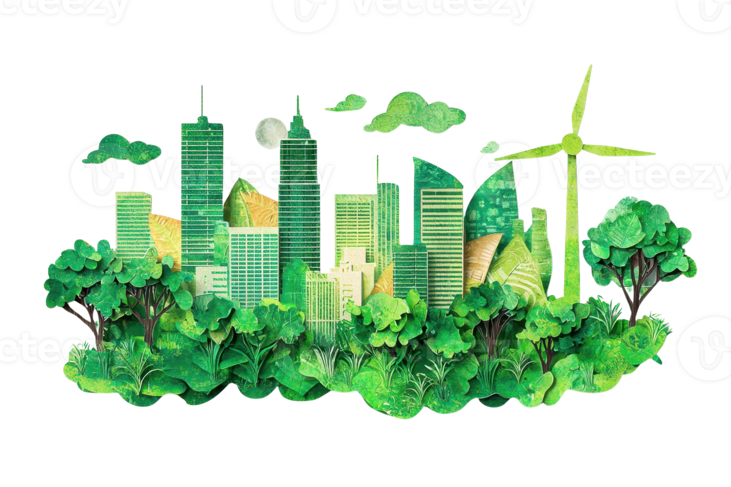Illustration of a sustainable city with skyscrapers, trees, and a wind turbine, depicting green urban living and environmental conservation. png