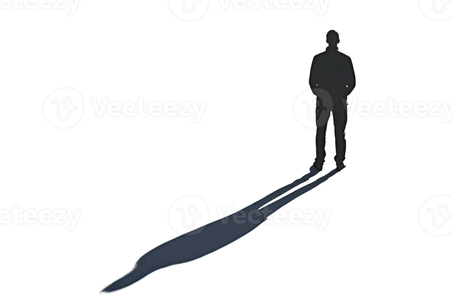 Silhouette of a person standing with their shadow elongated on the ground, captured in stark contrast against a transparent background. png