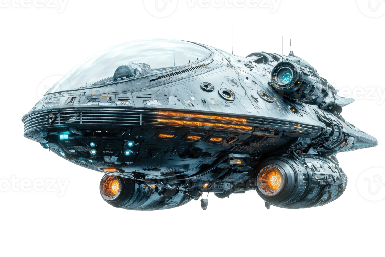 Futuristic spaceship with advanced technology and sleek design, isolated on transparent background. Conceptual spacecraft for science fiction visuals. png
