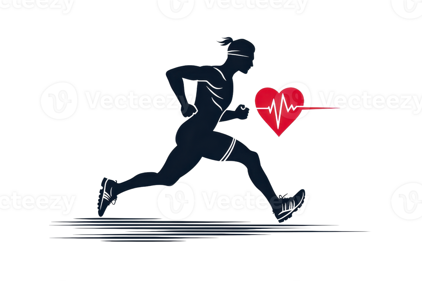 Silhouette of a runner next to a heart icon, symbolizing fitness, health, and cardiovascular wellness. Conceptual illustration. png