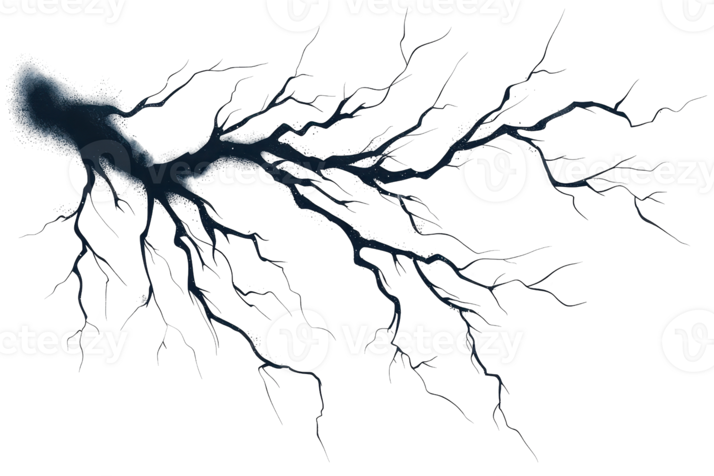 Striking visual of a lightning bolt branching out against a dark background, showcasing natural electric energy and dynamic atmospheric phenomenon. png