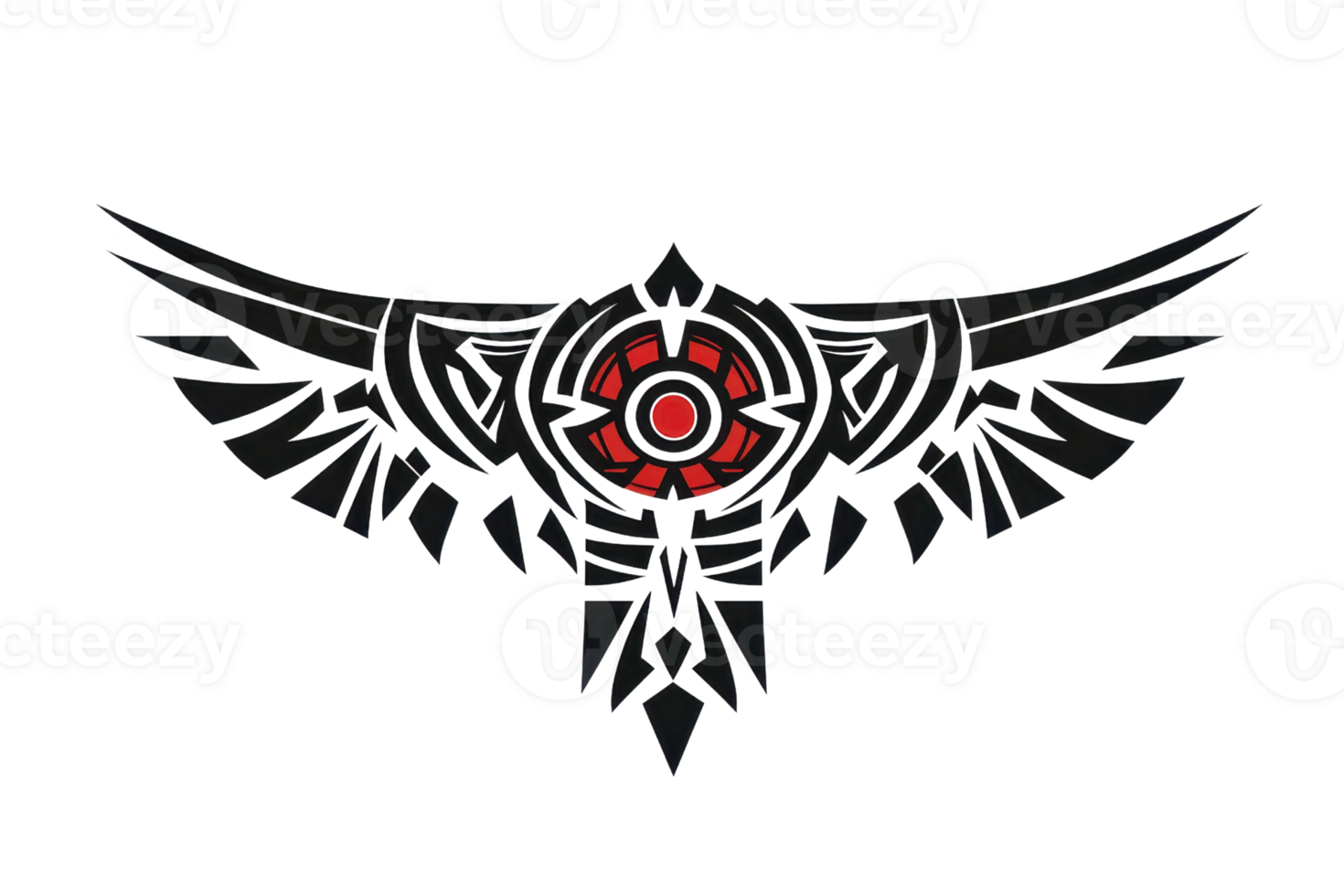 Intricate black and red tribal tattoo design. Symmetrical pattern with sharp edges and circular central element. illustration. png