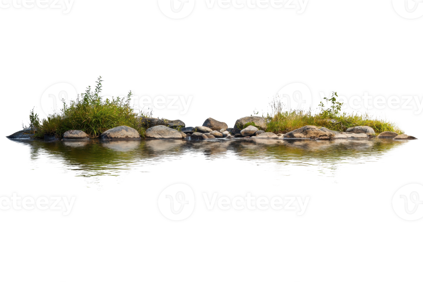 Serene natural island in reflective water with rocks and greenery, perfect for nature-themed designs and compositions. png