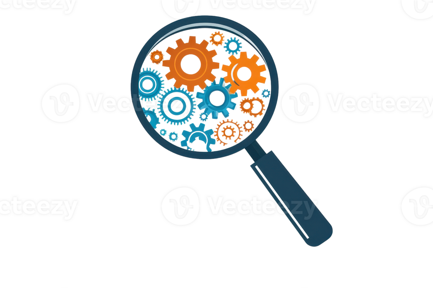 Magnifying glass focusing on colorful interconnected gears, symbolizing analysis, teamwork, and problem-solving in a digital context. png