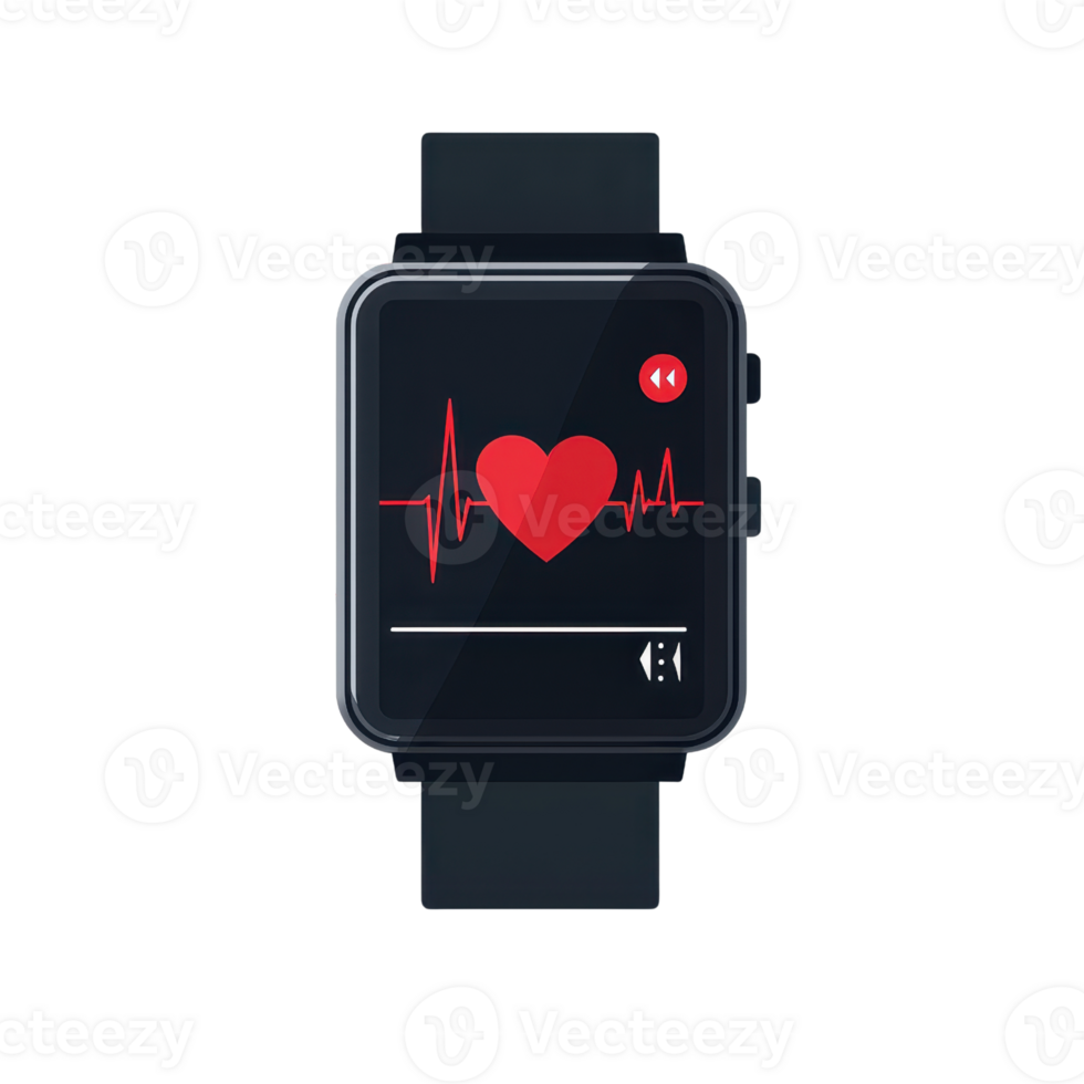 Smartwatch displaying heart rate monitor with a heart icon and ECG graph. Ideal for health, technology, and fitness concepts. png