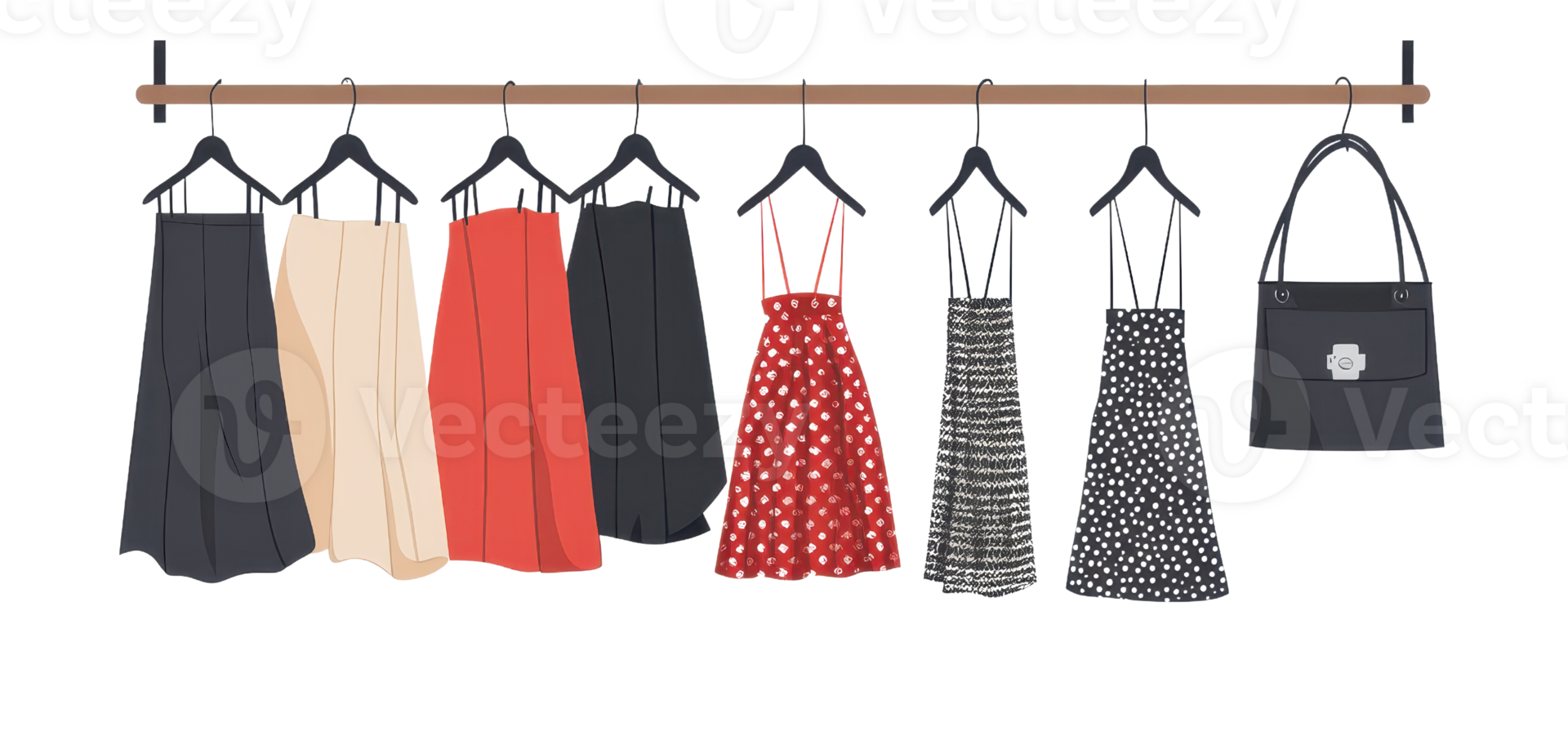 illustration of various stylish dresses and a handbag hanging on a clothing rack, showcasing diverse fashion choices for women. png