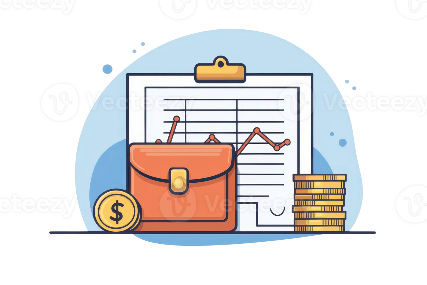 Illustration of financial growth with chart, briefcase, and gold coins representing investment success and business strategy. png