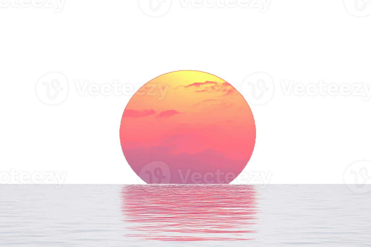 Serene sunset over calm ocean water with a vibrant sun dipping below the horizon, casting colorful reflections. png