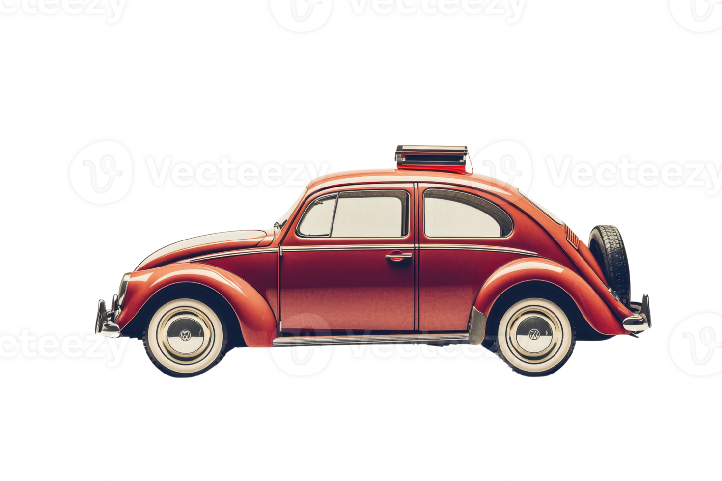 Vintage red toy car model with roof luggage. Retro vehicle in side view isolated on transparent background. Classic automobile collector's item. png