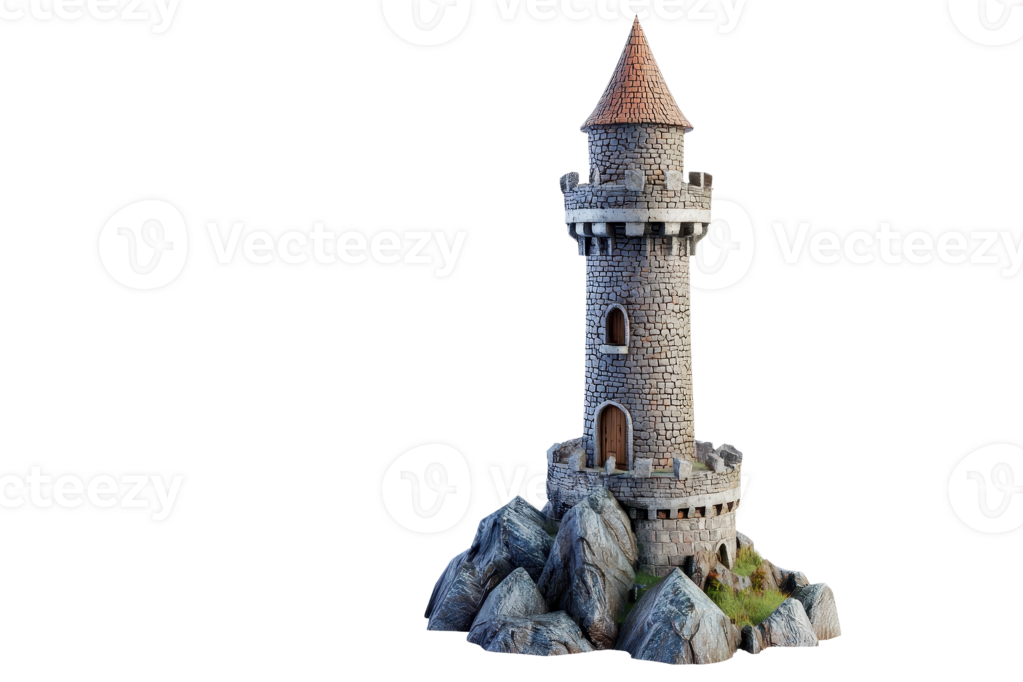 Medieval stone tower perched on rocky terrain, featuring a conical rooftop, represents ancient architecture and historical fortification. png