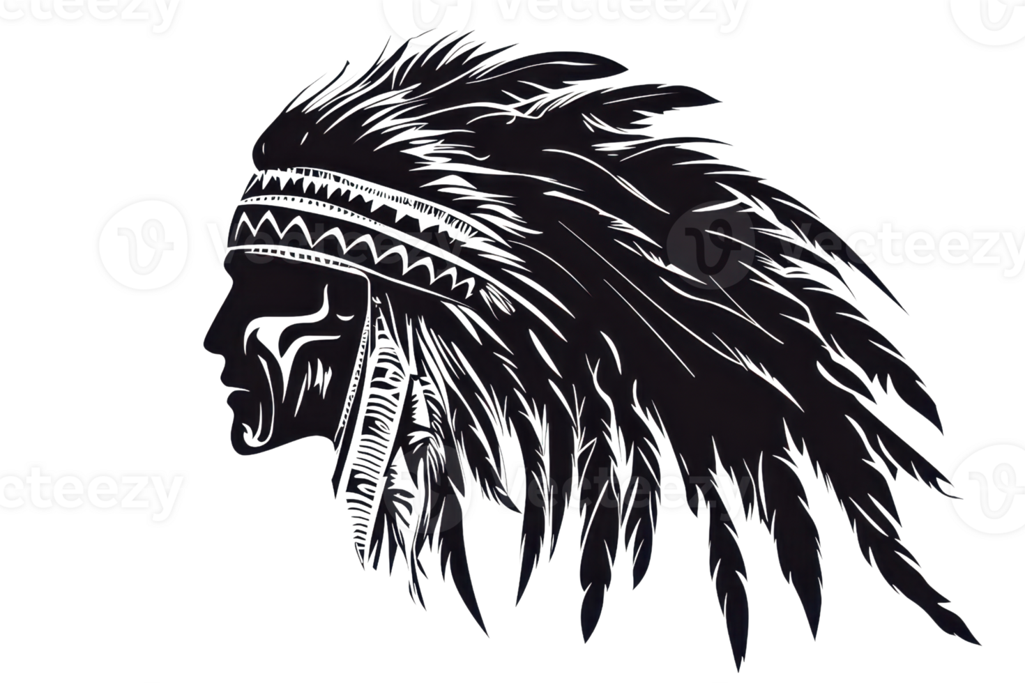 Silhouette of a Native American Chief with a feathered headdress in profile view, representing tribal culture and traditions. png