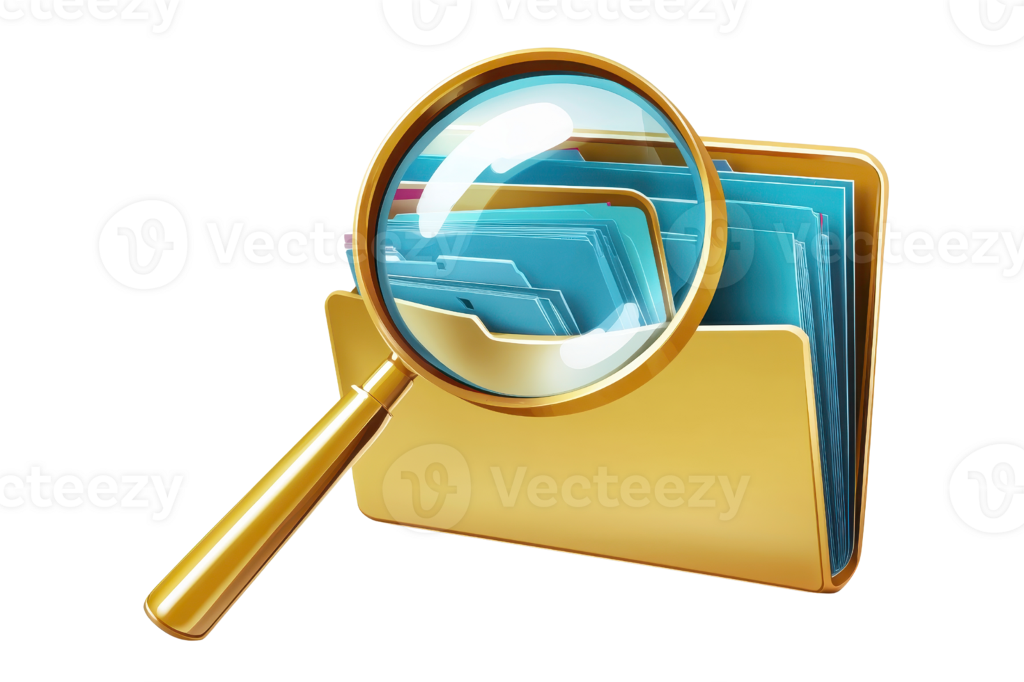 Magnifying glass focused on a yellow folder with blue documents, symbolizing search, analysis, and data exploration in digital files. png