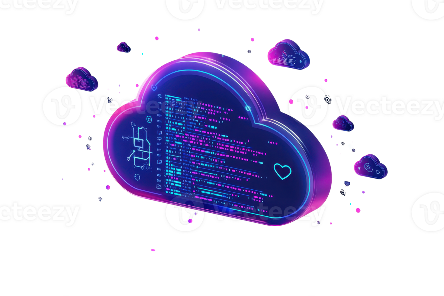 Vibrant 3D illustration of a cloud with digital code and floating heart icons, representing cloud computing and data storage technology. png