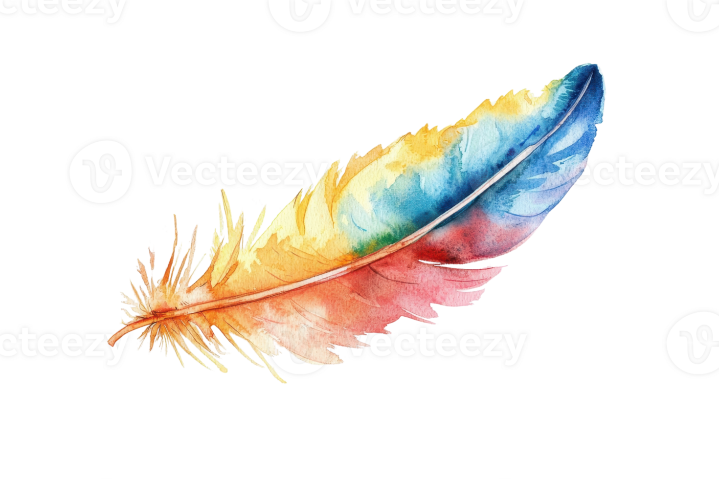 Vibrant watercolor feather illustration with shades of blue, yellow, and red, perfect for art projects and decorative designs. png