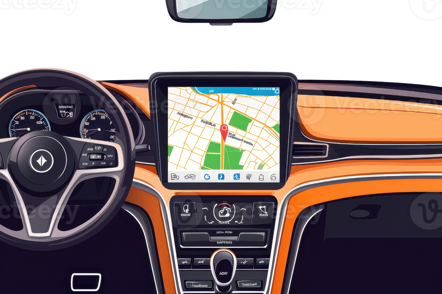 Modern car interior with GPS navigation system on display, showcasing advanced technology and sleek design for a comfortable driving experience. png