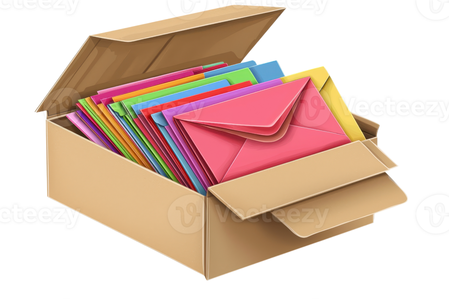 Open cardboard box filled with colorful envelopes, representing communication, organization, and postal services on a transparent background. png