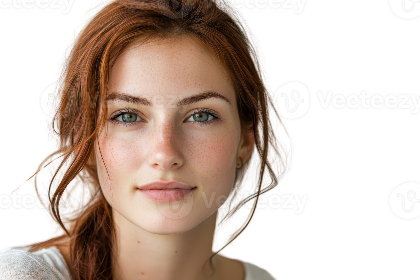 Portrait of a young woman with red hair and fair skin looking at the camera against a transparent background. Natural beauty and serene expression. png