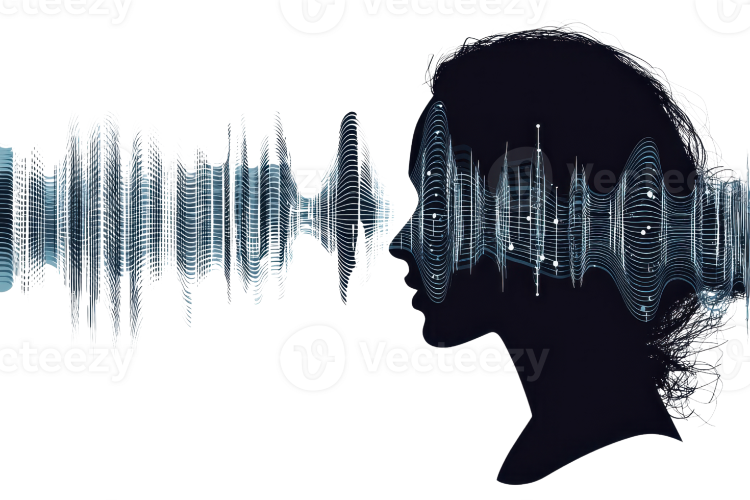 Silhouette of a human profile with sound waves representing the concept of voice technology and audio interaction on a transparent background. png