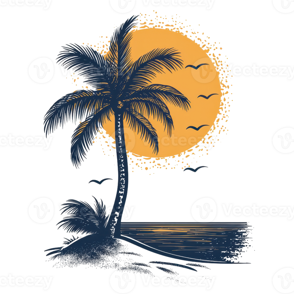 Sunset silhouette of a palm tree on a tranquil beach, with birds flying, capturing serene coastal vibes and natural beauty. png