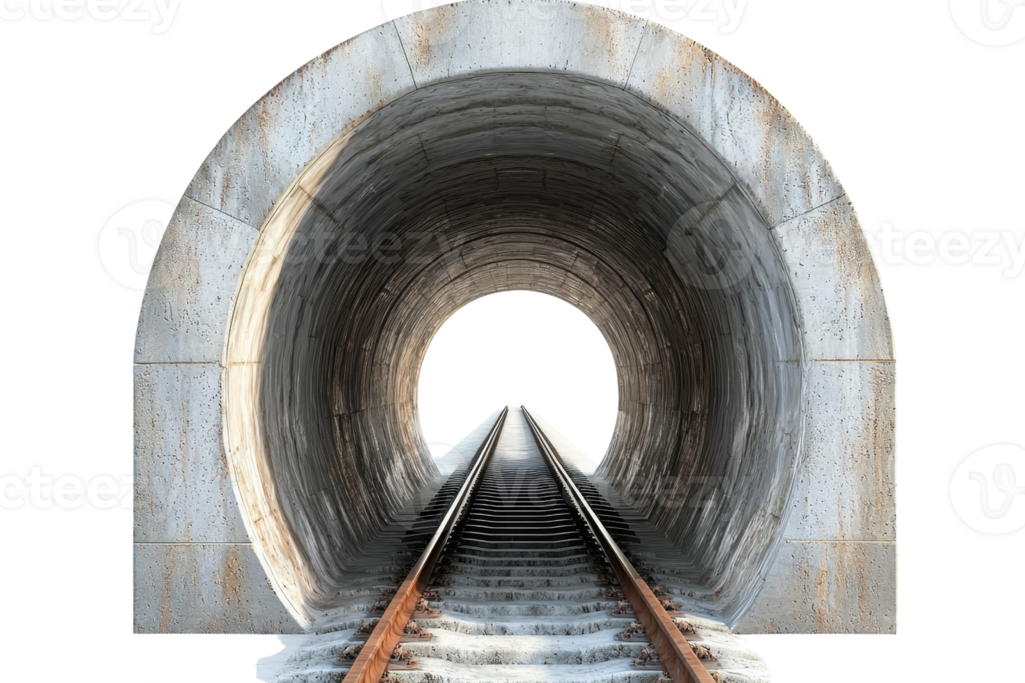 Perspective view of a railroad track going through a concrete tunnel, offering a sense of direction, travel, and adventure. png