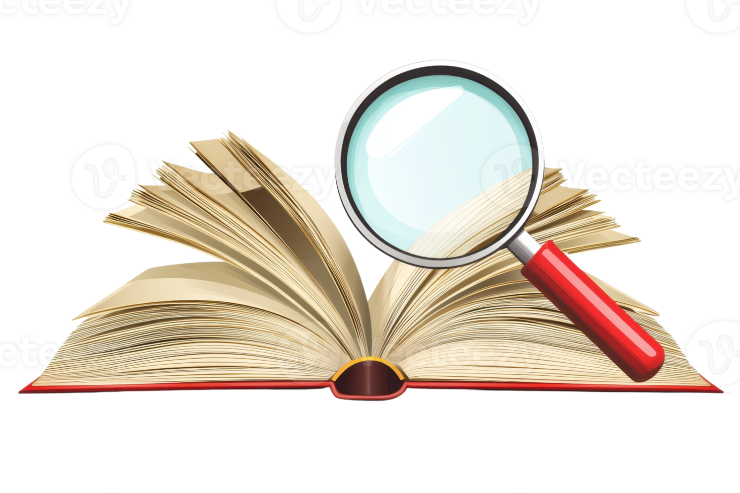 Open book with a red magnifying glass, symbolizing research, knowledge discovery, education, learning, and analytical study in literature. png