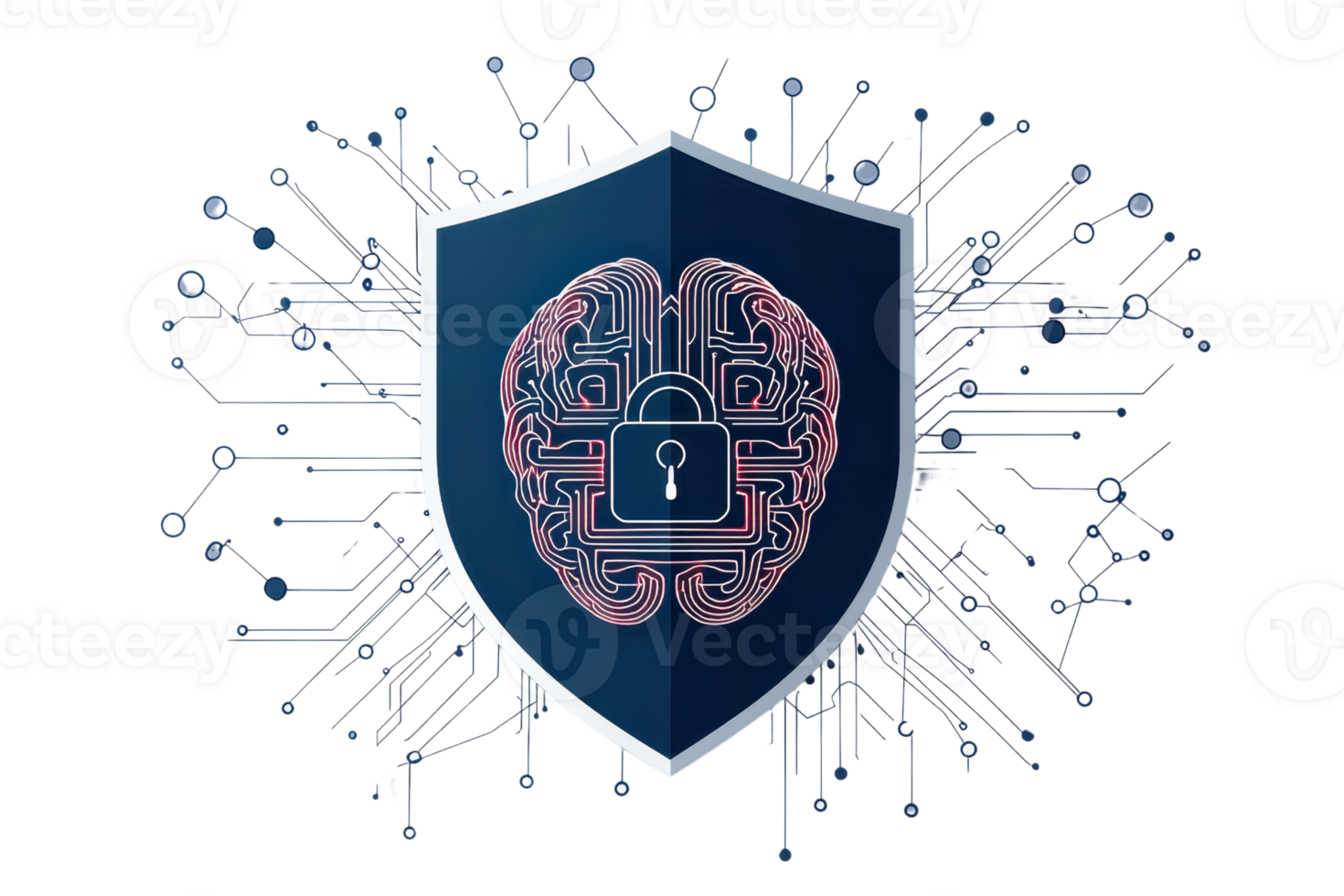 Shield with brain lock symbolizing cybersecurity and artificial intelligence protection. Digital security concept. png