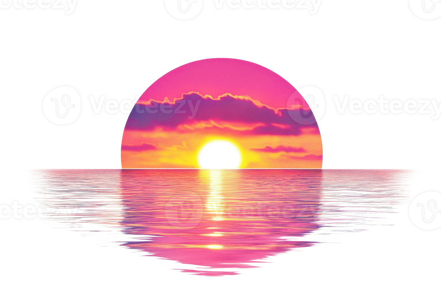 Vibrant sunset over calm ocean waters with a colorful sky and glowing sun, creating a serene and picturesque scene. png