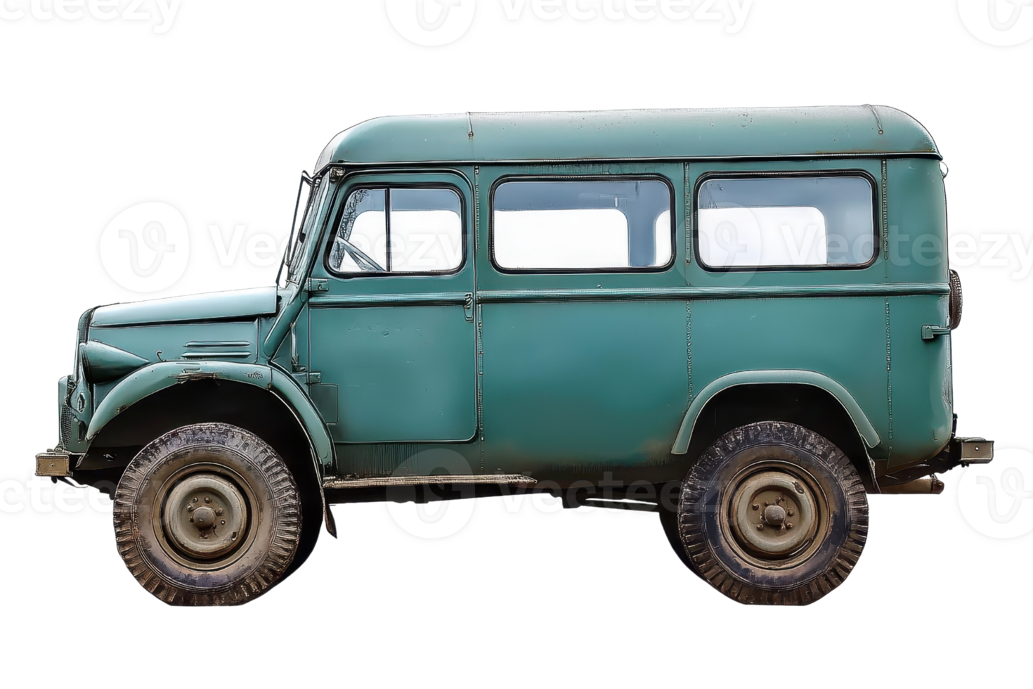 Vintage green off-road vehicle isolated on transparent background. Classic rugged SUV with a retro design and worn look. png