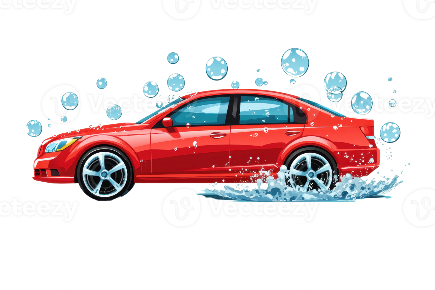 Red car surrounded by bubbles, splashing through water, representing a fun and dynamic car wash experience. png