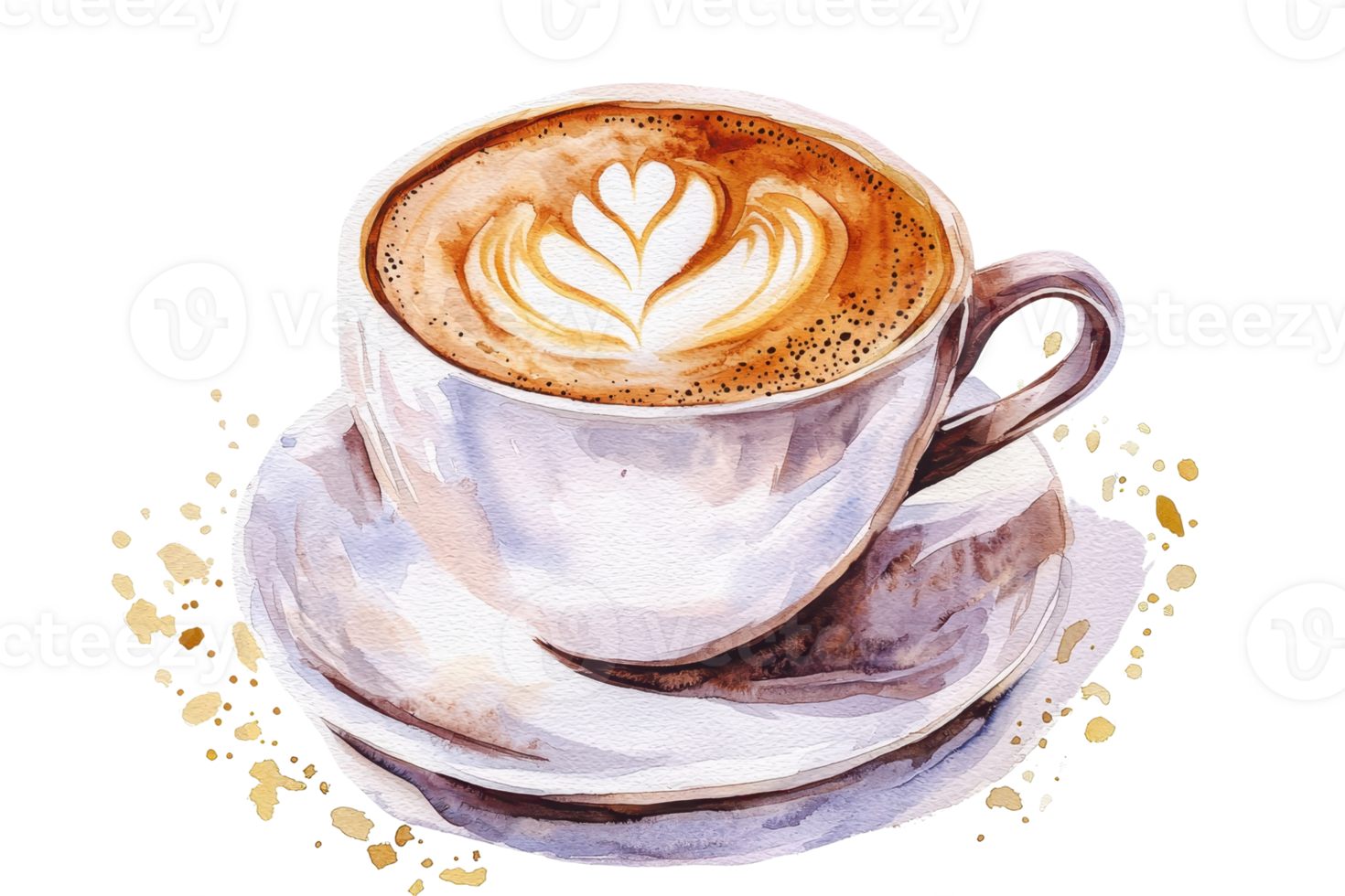 Warm latte with intricate floral latte art in a ceramic cup on a saucer, perfect for coffee enthusiasts and cozy settings. png
