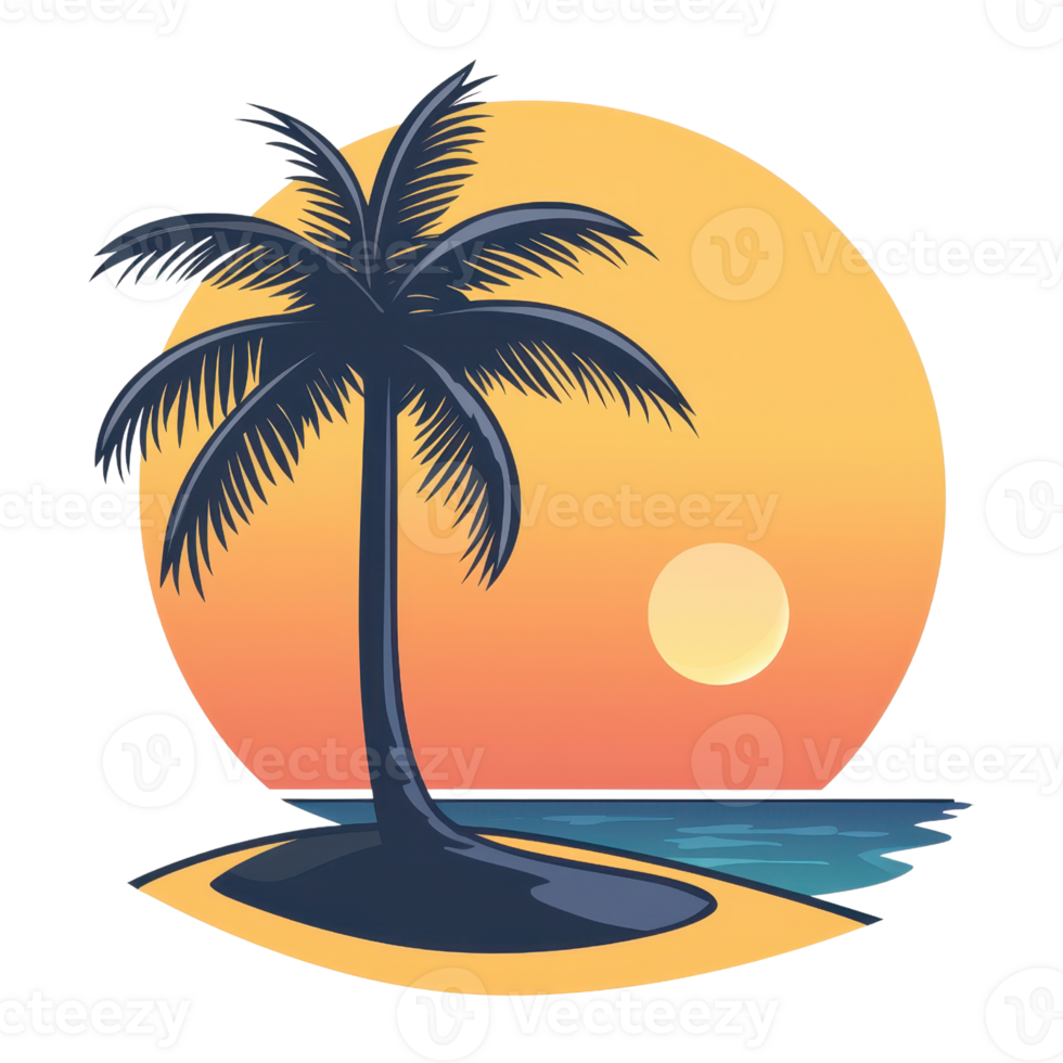Tropical beach at sunset with a silhouette of a palm tree and sun setting over the ocean, creating a serene and tranquil atmosphere. png