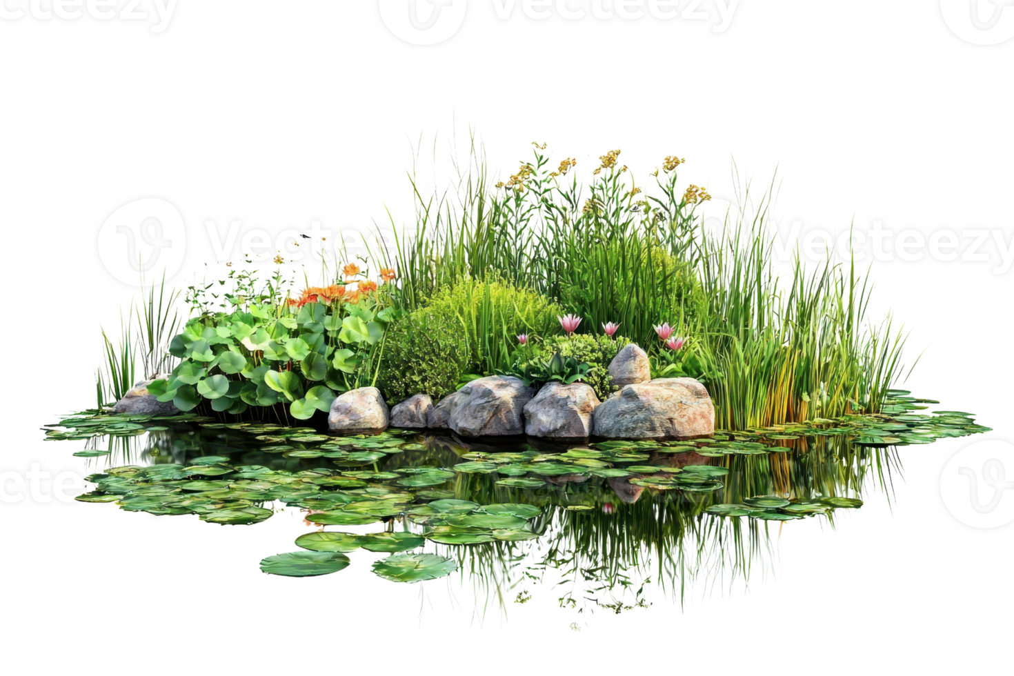 Serene pond with lush greenery and blooming flowers, surrounded by rocks and reflecting in the calm water. png