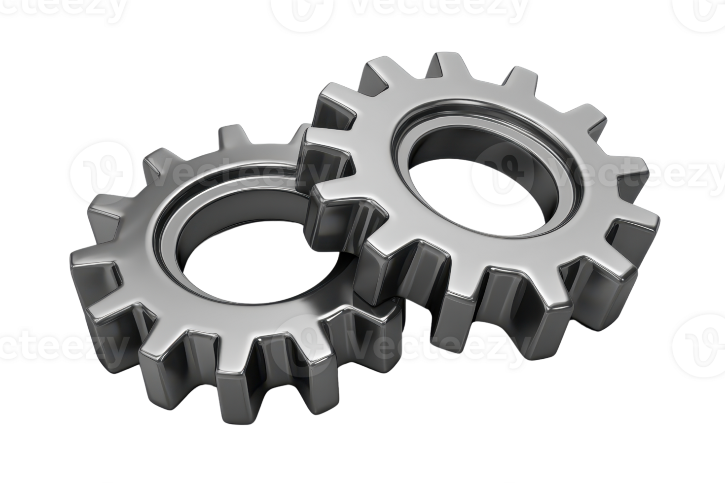 Two metallic gears interlocked, symbolizing teamwork, industry, and mechanical engineering, against a transparent background. png