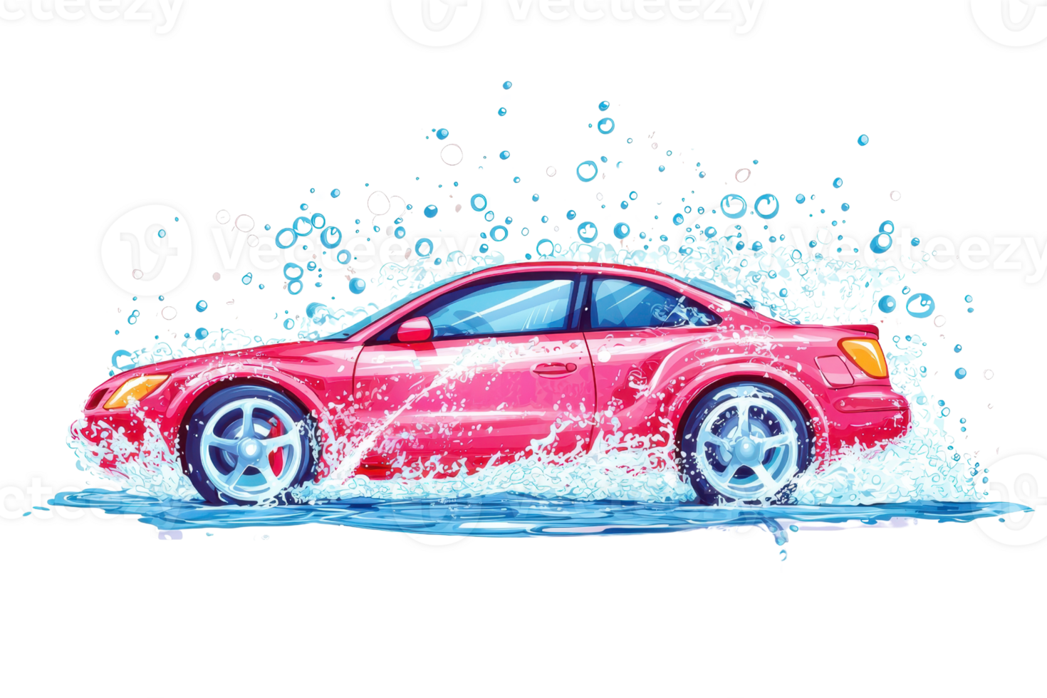 Red sports car splashing through water on a dynamic drive. Vibrant illustration capturing speed and energy with blue and red contrasts. png