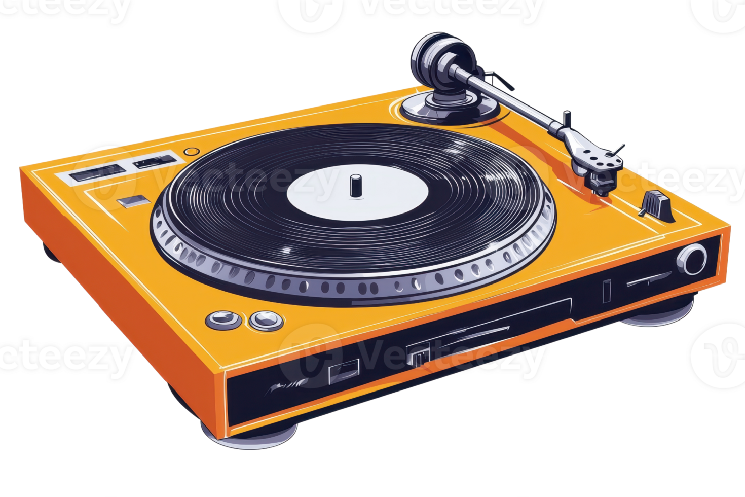 Retro-inspired orange turntable with vinyl record spinning. Perfectly captures nostalgic vibes and vintage music charm. png