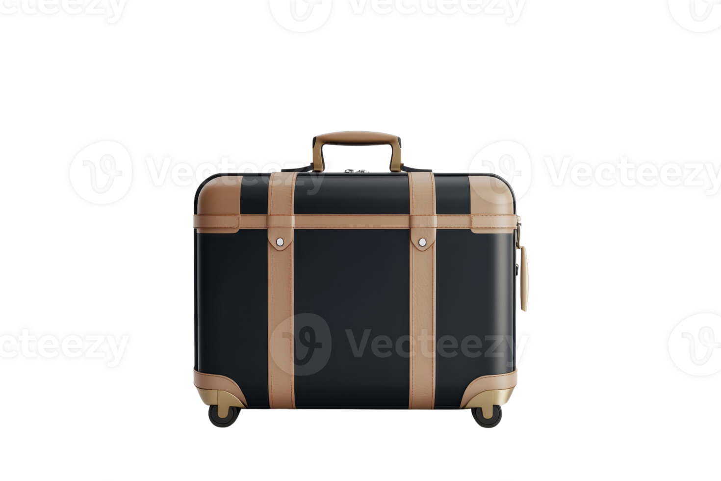 Elegant black suitcase with beige straps and handle, perfect travel accessory, isolated on transparent background. portable luggage for trips png