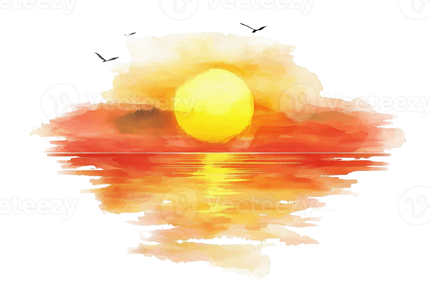 Stunning watercolor painting depicting a serene sunset over a calm ocean. Beautiful blend of warm colors creating a peaceful ambiance. png