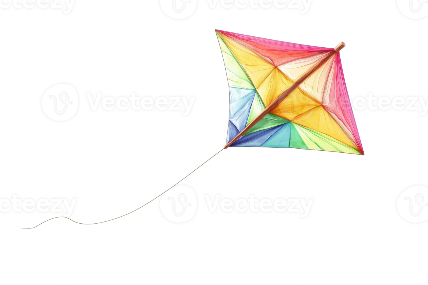 Colorful diamond-shaped kite flying with a string attached. Vibrant rainbow hues create an eye-catching outdoor activity scene. png