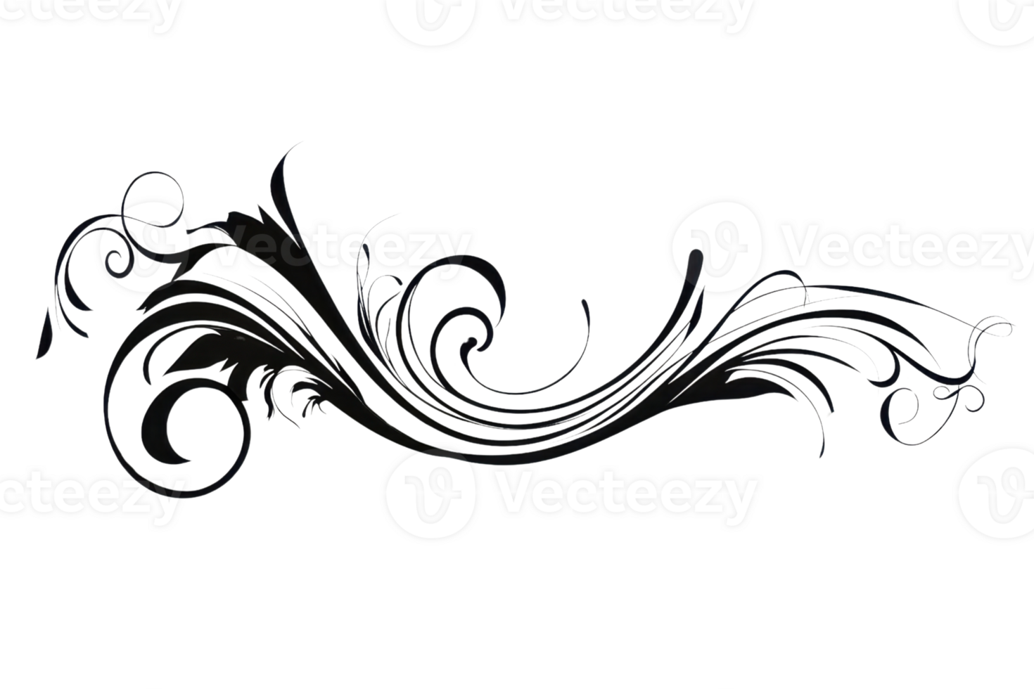 Elegant black floral decorative element with intricate swirls and curves, perfect for invitations, borders, or design accents. png