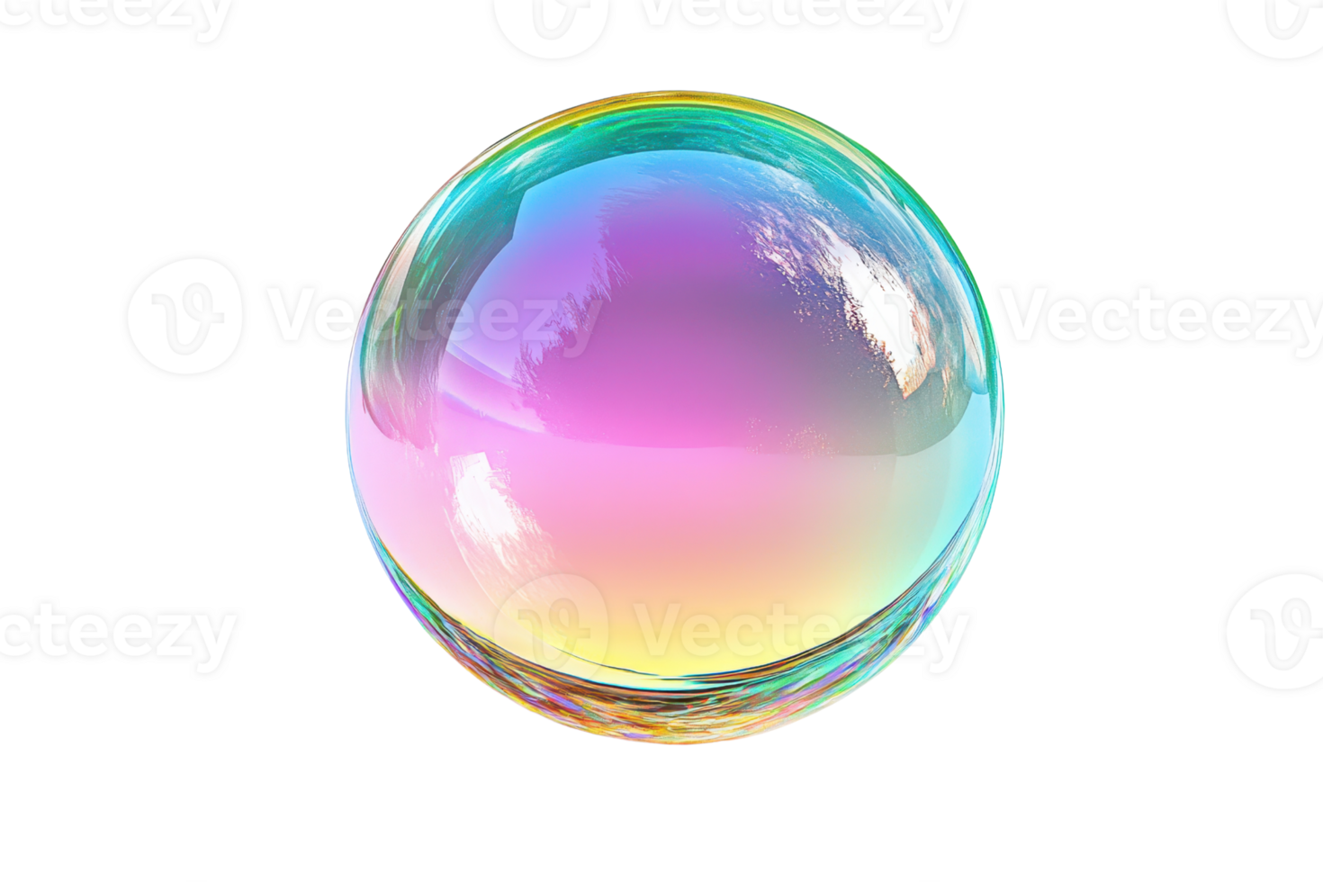Colorful translucent soap bubble with rainbow hues and reflections. Bright and shiny transparent sphere against a transparent background. png