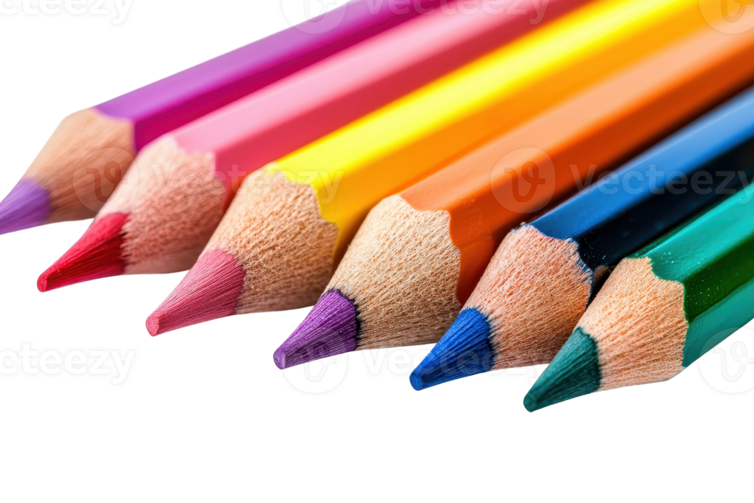 Colorful close-up of six sharpened colored pencils arranged in a row. Ideal for art and education-related projects and visuals. png